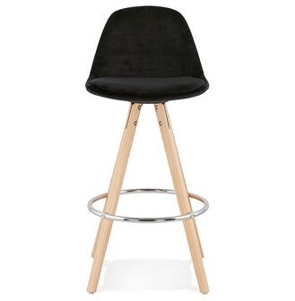 Halfhoge barkruk &#039;SPIRIT MINI&#039; in zwart fluweel en poten in hout met natuurlijke afwerking