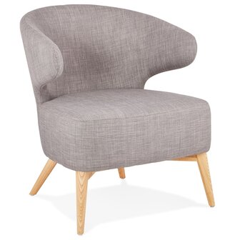 Lounge chair &#039;ODILE&#039; in grijze stof en natuurlijke poten van hout