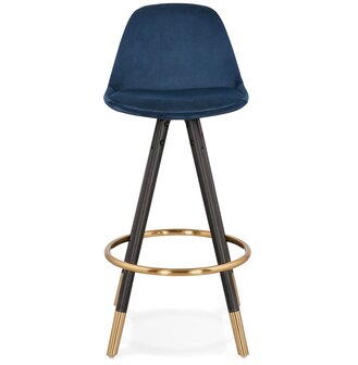 Halfhoge design barkruk &#039;CHICAGO MINI&#039; in blauw fluweel en 4 poten in zwart hout