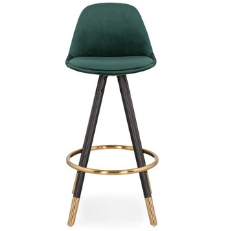 Halfhoge design barkruk &#039;CHICAGO MINI&#039; in groen fluweel en 4 poten in zwart hout