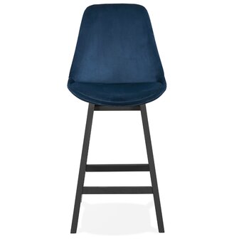Halfhoge design barkruk &#039;MORISS MINI&#039; in blauw fluweel en poten in zwart hout