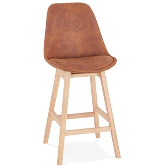 Halfhoge barkruk &#039;ASPEN MINI&#039; in bruine microfiber en poten in hout met natuurlijke afwerking