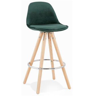 Halfhoge barkruk &#039;SPIRIT MINI&#039; in groen fluweel en poten in hout met natuurlijke afwerking