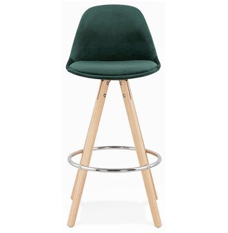 Halfhoge barkruk &#039;SPIRIT MINI&#039; in groen fluweel en poten in hout met natuurlijke afwerking