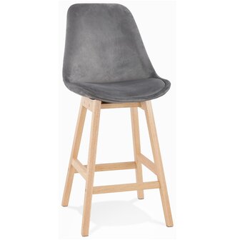 Halfhoge kruk &#039;MORISS MINI&#039; in fluweel grijs met poten in natuurlijk hout