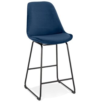Halfhoge kruk &#039;BULLY MINI&#039; van blauwe velours met zwarte metalen poten