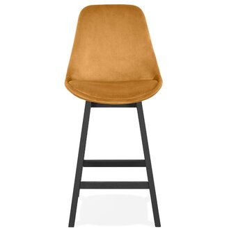 Halfhoge design barkruk &#039;MORISS MINI&#039; in mosterd fluweel en poten in zwart hout