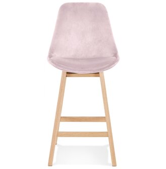 Halfhoge kruk &#039;MORISS MINI&#039; in roze fluweel met poten in natuurlijk hout