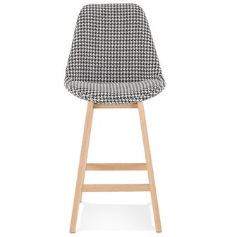 Halfhoge kruk &#039;MORISS MINI&#039; in pied-de-poule-print stof met poten in natuurlijk hout