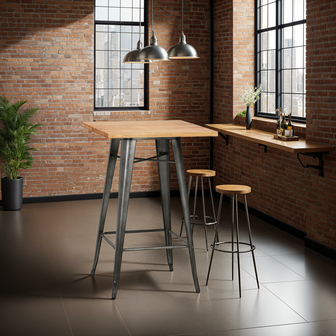 Industri&euml;le hoge tafel &#039;GRAMY&#039; van donker hout met grijze metalen poten - 70x70 cm
