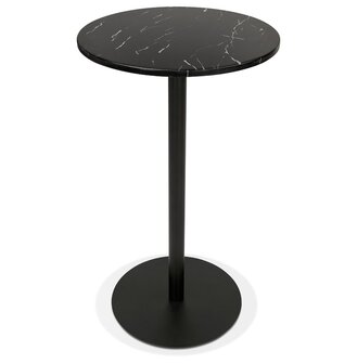 Ronde hoge tafel &#039;CORY ROUND&#039; van zwart gemarmerde steen en zwart metaal - 60x60 cm