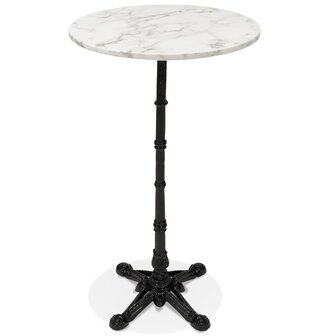 Landelijke, ronde en hoge tafel &#039;DOMY ROUND&#039; van wit gemarmerde steen - 60x60 cm