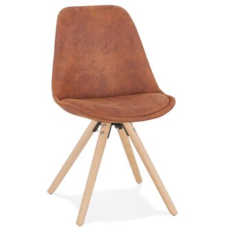Comfortabele stoel &#039;HARRY&#039; in bruine microfiber en poten in hout met natuurlijke afwerking