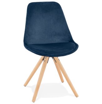 Vintage &#039;RICKY&#039; stoel in blauw fluweel met poten in natuurlijk hout