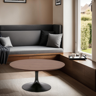 Ronde salontafel &#039;BUSTER MINI&#039; van notenhout met zwarte metalen poot - &Oslash; 90 cm