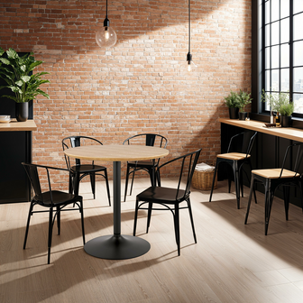 Ronde designtafel &#039;HUSH&#039; van hout met natuurlijke afwerking en zwart metaal - &Oslash; 80 cm