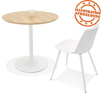 Ronde designtafel &#039;HUSH&#039; van hout met natuurlijke afwerking en wit metaal - &Oslash; 80 cm