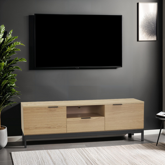 Design tv-meubel &#039;CATODIK&#039; in hout met natuurlijke afwerking en zwart metaal