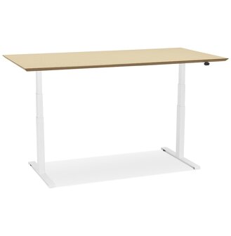 Witte elektrische zit/sta-bureau &#039;BIONIK&#039; met blad in natuurlijke houtafwerking - 180x90 cm