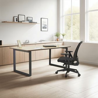 Grote rechte directiebureau &#039;GIMINI&#039; van natuurkleurig afgewerkte hout en zwart metaal - 180x90 cm