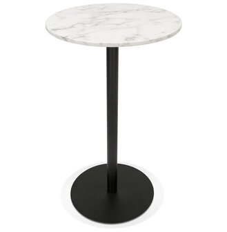 Ronde hoge tafel &#039;CORY ROUND&#039; van wit gemarmerde steen en zwart metaal - 60x60 cm
