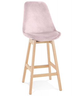 Halfhoge kruk &#039;MORISS MINI&#039; in roze fluweel met poten in natuurlijk hout