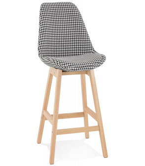 Halfhoge kruk &#039;MORISS MINI&#039; in pied-de-poule-print stof met poten in natuurlijk hout
