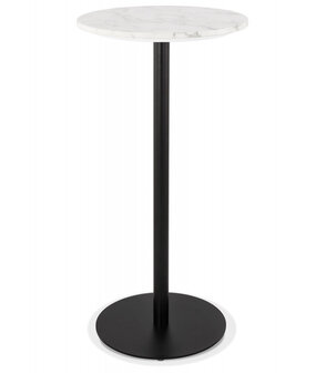 Ronde hoge tafel &#039;CORY ROUND&#039; van wit gemarmerde steen en zwart metaal - 60x60 cm