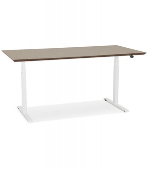 Witte elektrische zit/sta-bureau &#039;BIONIK&#039; met blad in notenhouten afwerking - 180x90 cm