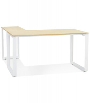 Design hoekbureau &#039;BAKUS&#039; van natuurkleurig afgewerkte hout en wit metaal - 160 cm