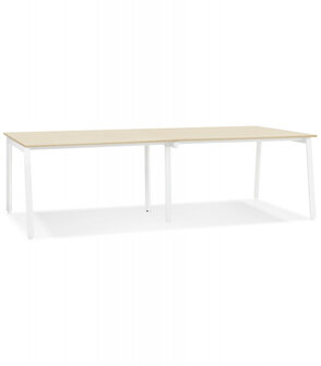 Dubbele rechte design bureau &#039;AMADEUS&#039; van natuurlijk afgewerkt hout en wit metaal - 280x140 cm