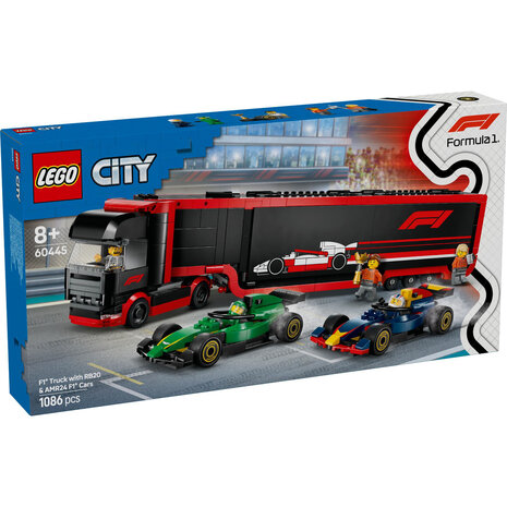 LEGO City F1 truck met RB20 en AMR24 F1 auto's