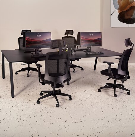 Dubbele rechte design bureau 'AMADEUS' van hout en zwart metaal - 280x140 cm