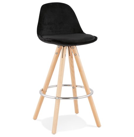 Halfhoge barkruk 'SPIRIT MINI' in zwart fluweel en poten in hout met natuurlijke afwerking