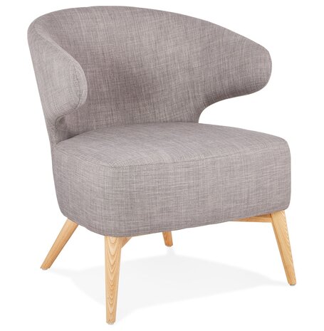 Lounge chair 'ODILE' in grijze stof en natuurlijke poten van hout