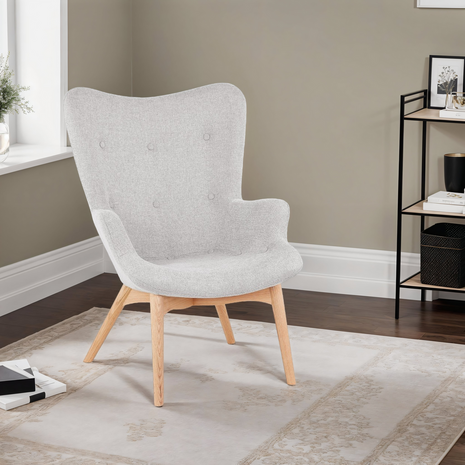 Grijze stoffen oorfauteuil 'ROBY' met houten poten