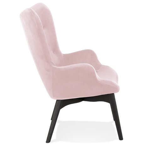 Oorfauteuil 'RUBEN' van roze velours met zwarte houten poten