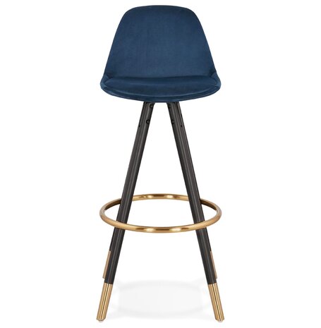 Design barkruk 'CHICAGO' in blauw fluweel en 4 poten in zwart hout