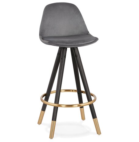 Halfhoge design barkruk 'CHICAGO MINI' in grijs fluweel en 4 poten in zwart hout