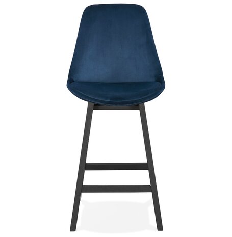 Halfhoge design barkruk 'MORISS MINI' in blauw fluweel en poten in zwart hout