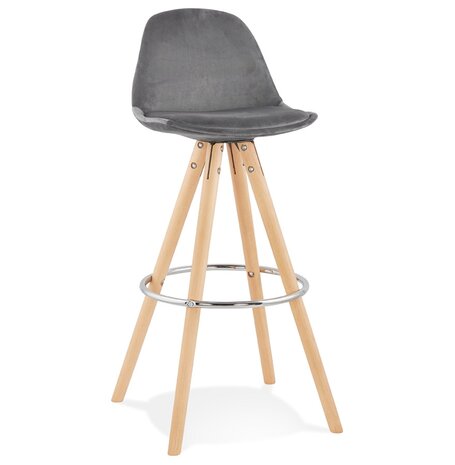 Barkruk 'SPIRIT' in grey fluweel en poten in hout met natuurlijke afwerking
