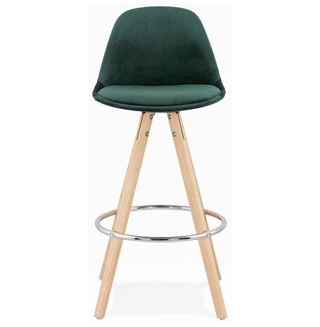Halfhoge barkruk 'SPIRIT MINI' in groen fluweel en poten in hout met natuurlijke afwerking