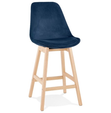 Halfhoge kruk 'MORISS MINI' in fluweel blauw met poten in natuurlijk hout