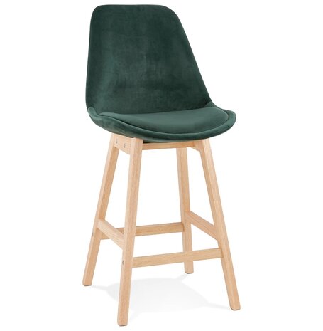 Halfhoge kruk 'MORISS MINI' in fluweel groen met poten in natuurlijk hout