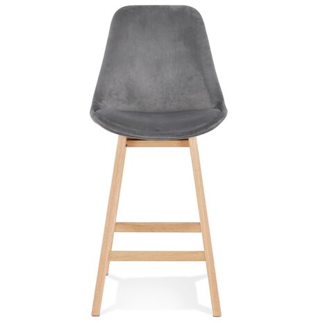 Halfhoge kruk 'MORISS MINI' in fluweel grijs met poten in natuurlijk hout