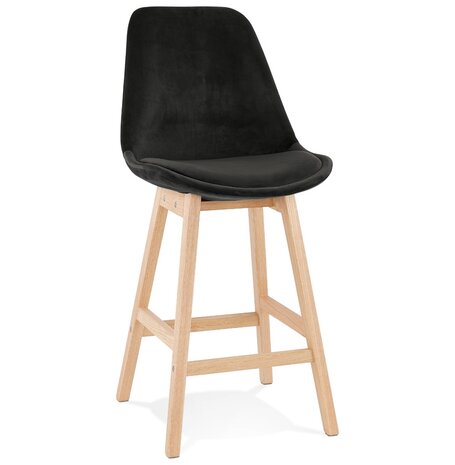 Halfhoge kruk 'MORISS MINI' in fluweel zwart met poten in natuurlijk hout