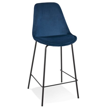 Halfhoge barkruk 'SPARK MINI' van blauw velours met zwarte metalen poten