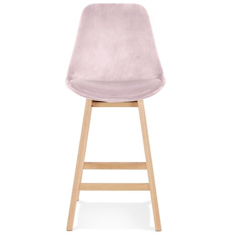 Halfhoge kruk 'MORISS MINI' in roze fluweel met poten in natuurlijk hout