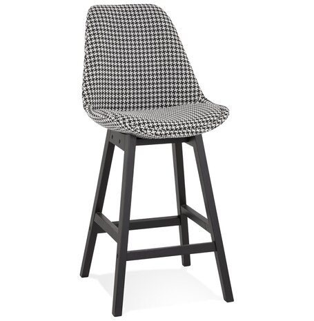 Halfhoge design barkruk 'MORISS MINI' in pied-de-poule-print stof en poten in zwart hout