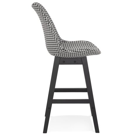 Halfhoge design barkruk 'MORISS MINI' in pied-de-poule-print stof en poten in zwart hout